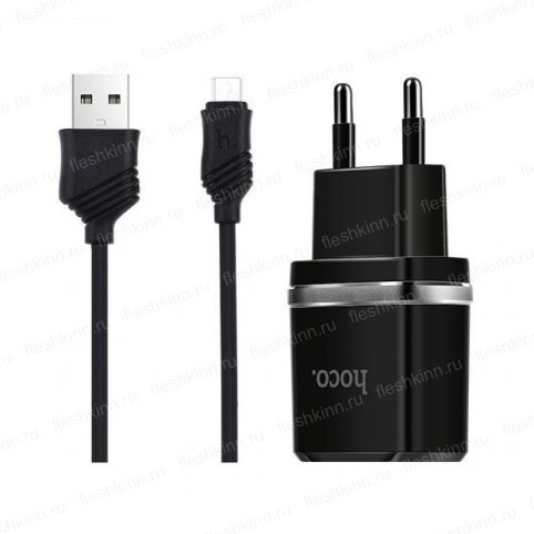 Зарядное устройство Hoco C12, чёрный (2xUSB, 2.4A, кабель microUSB)