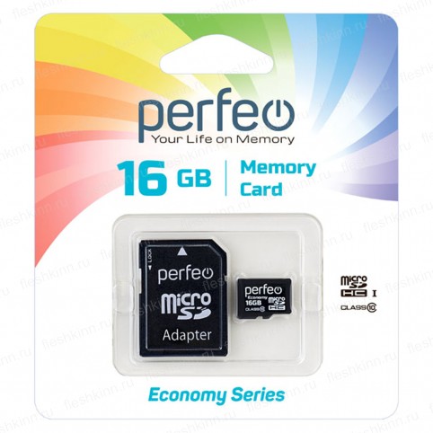 Карта памяти Perfeo Econom microSDHC 16GB class10 + SD адаптер