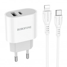 Зарядное устройство Borofone BA62A Wiseacre, белый (1xUSB, 1xUSB-C, 2.4A, кабель Type-C - 8pin)