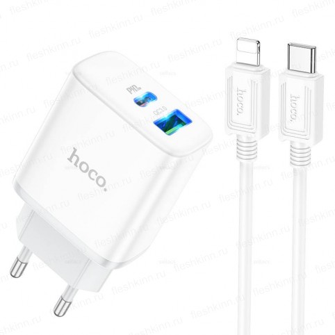 Зарядное устройство Hoco C105A, белый (PD+QC3.0, 1xUSB, 1xUSB-C, 20W/3A, кабель Type-C - 8pin)