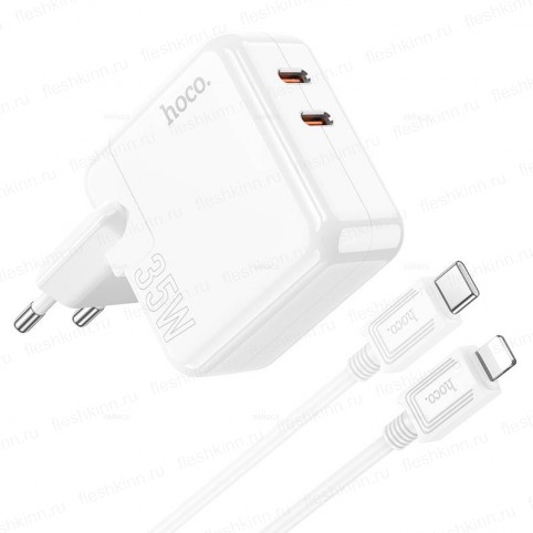 Зарядное устройство Hoco C110A, белый (PD+QC3.0, 2xUSB-C, 35W, кабель Type-C - 8pin)