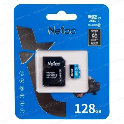 Карта памяти Netac P500 Standard microSDXC 128GB class10 UHS-I + SD адаптер (90)