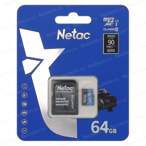 Карта памяти Netac P500 Standart microSDXC 64GB class10 UHS-I + SD адаптер (90)